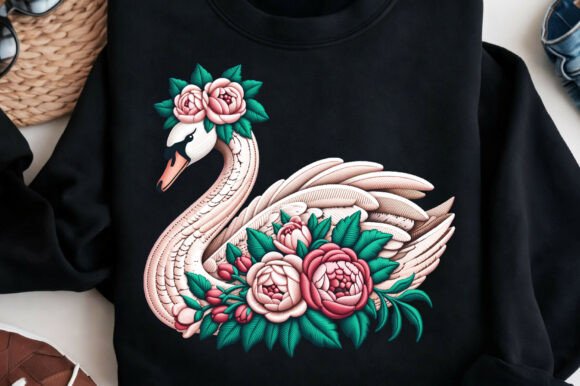 Elegant Swan Floral Faux Yarn Embroidery