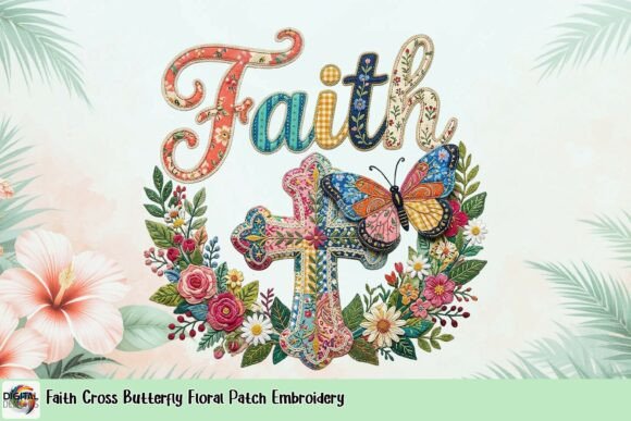 Faith Cross Butterfly Floral Patch Embroidery